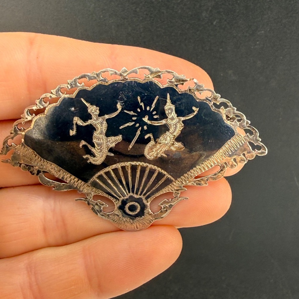 Vintage Siam Sterling Silver Fan Brooch Niello Dancer Silver Tarnish